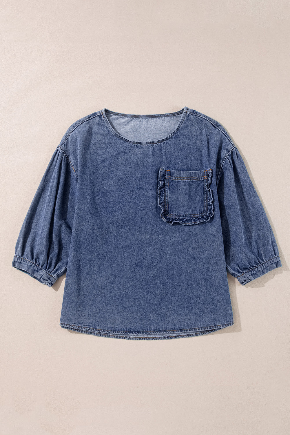 Denim Chambray 3/4 Sleeve Ruffled Patched Pocket Blouse