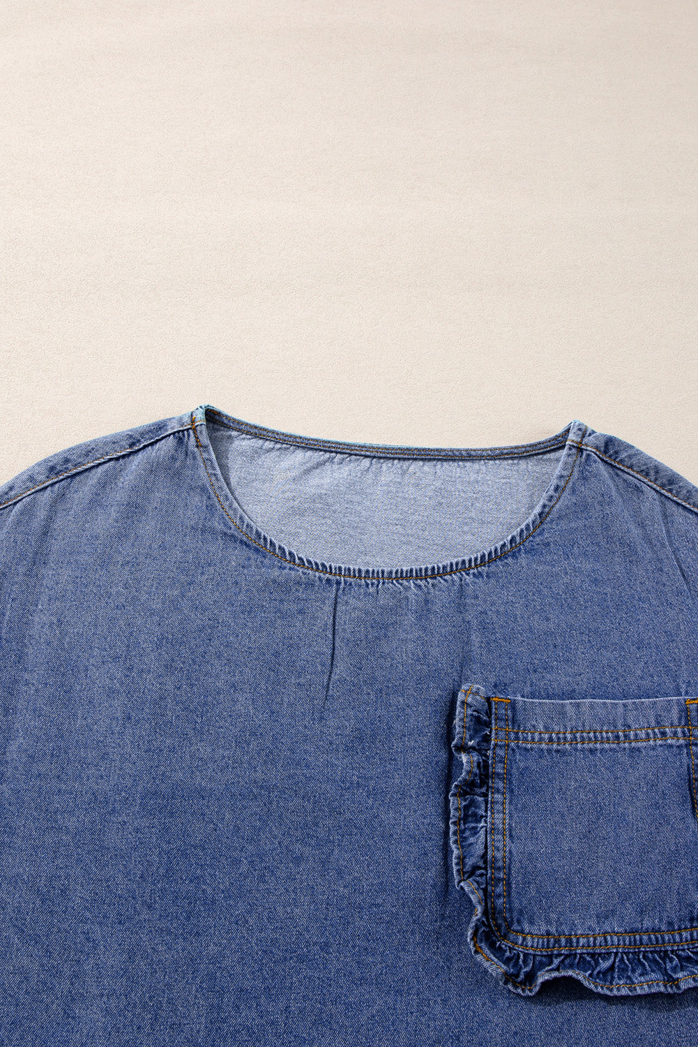 Denim Chambray 3/4 Sleeve Ruffled Patched Pocket Blouse
