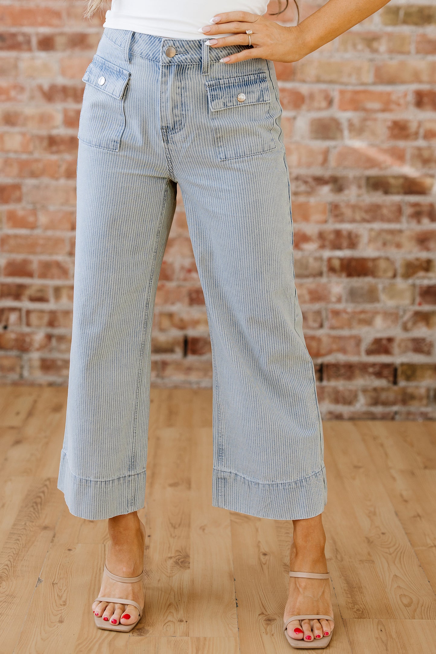 Sky Blue Stripe Button Flap Pocket Cuffed Hem Wide Leg Jeans