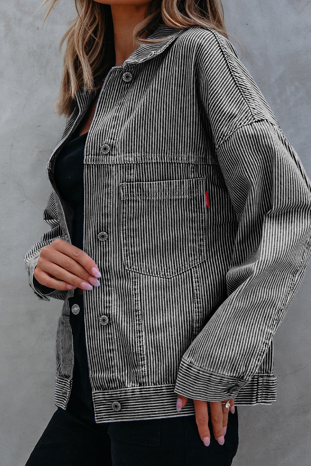 Dark Blue Stripe Washed Oversized Pocketed Denim Jacket