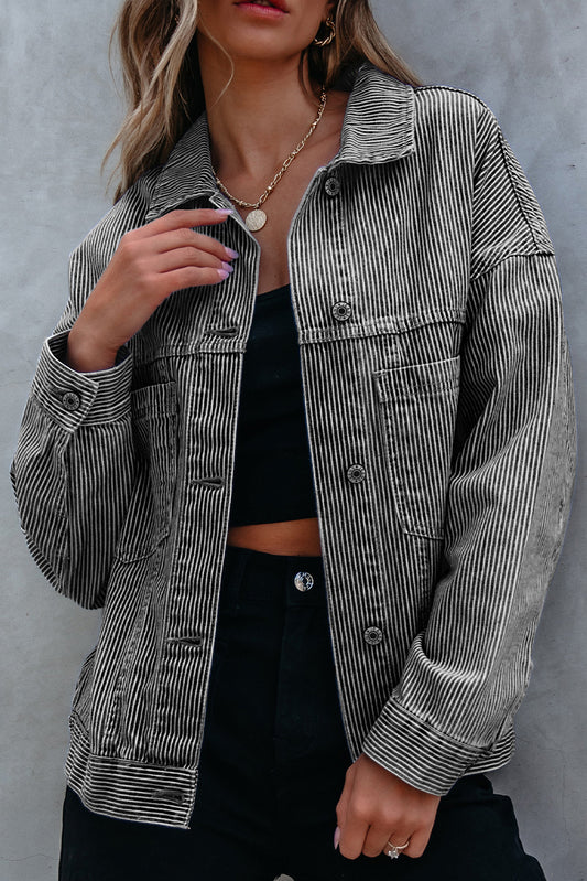 Dark Blue Stripe Washed Oversized Pocketed Denim Jacket