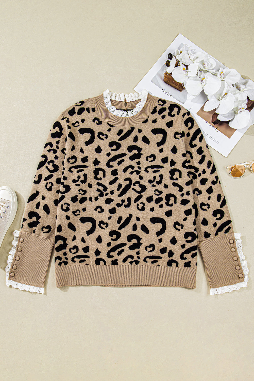 Brown Leopard Lace Detail Button Cuffed Sweater