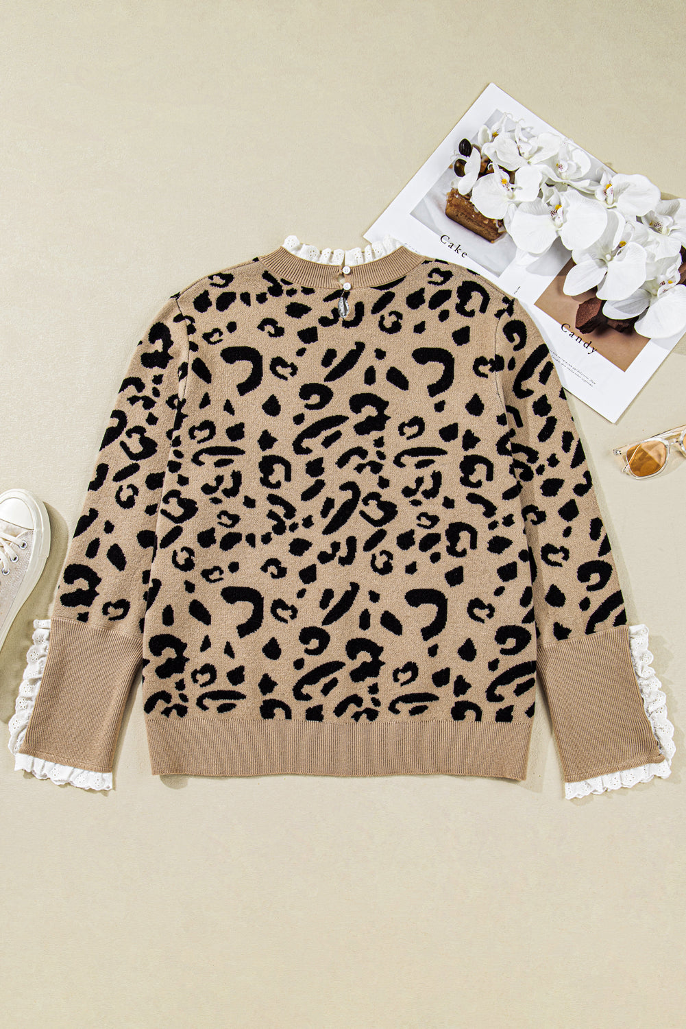 Brown Leopard Lace Detail Button Cuffed Sweater