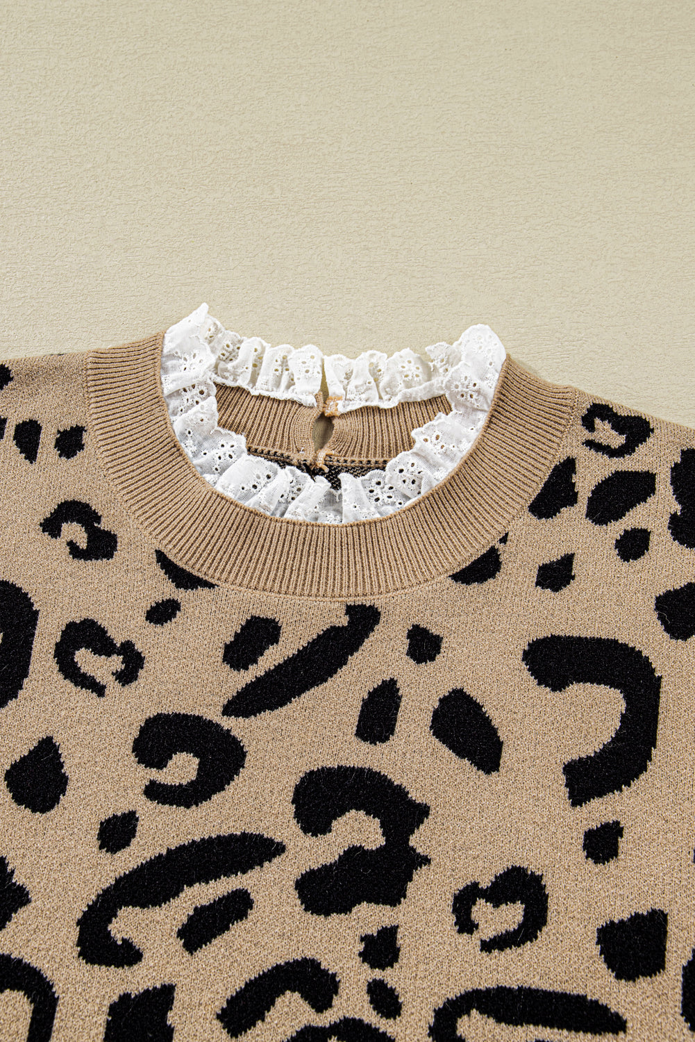 Brown Leopard Lace Detail Button Cuffed Sweater