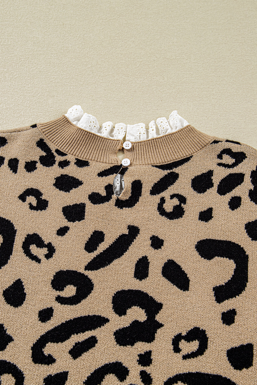 Brown Leopard Lace Detail Button Cuffed Sweater