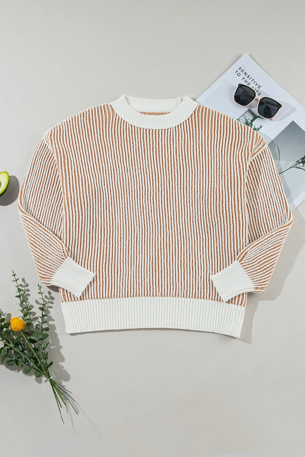 Relaxed Fit Chestnut Striped Textured Sweater