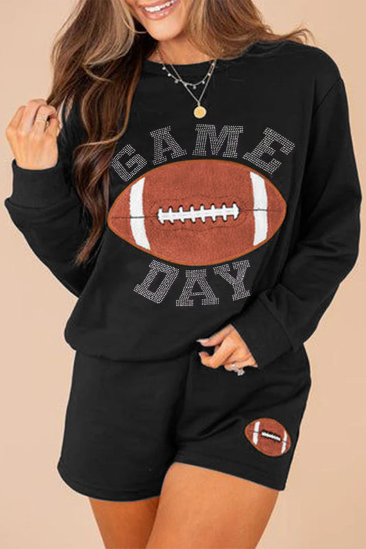 2pc Black Rhinestone Embellished “GAME DAY” Football Pullover & Short Set