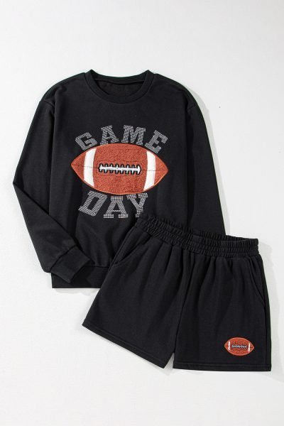 2pc Black Rhinestone Embellished “GAME DAY” Football Pullover & Short Set